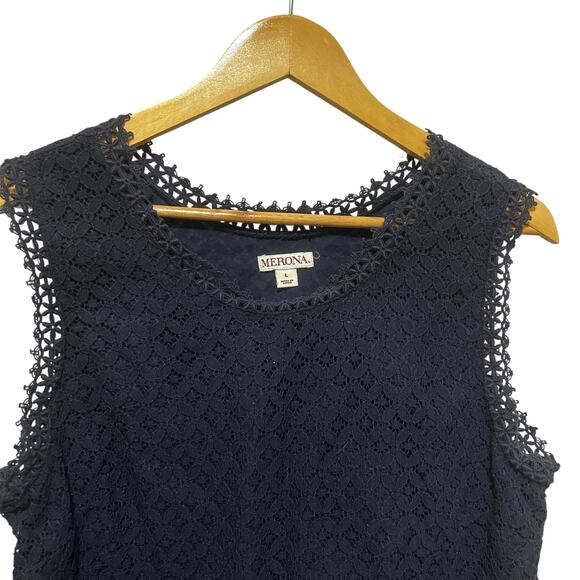 Merona Womens Navy Lace Top L Lined Crochet Overlay Cottagecore Boho Cowgirl - Picture 9 of 10